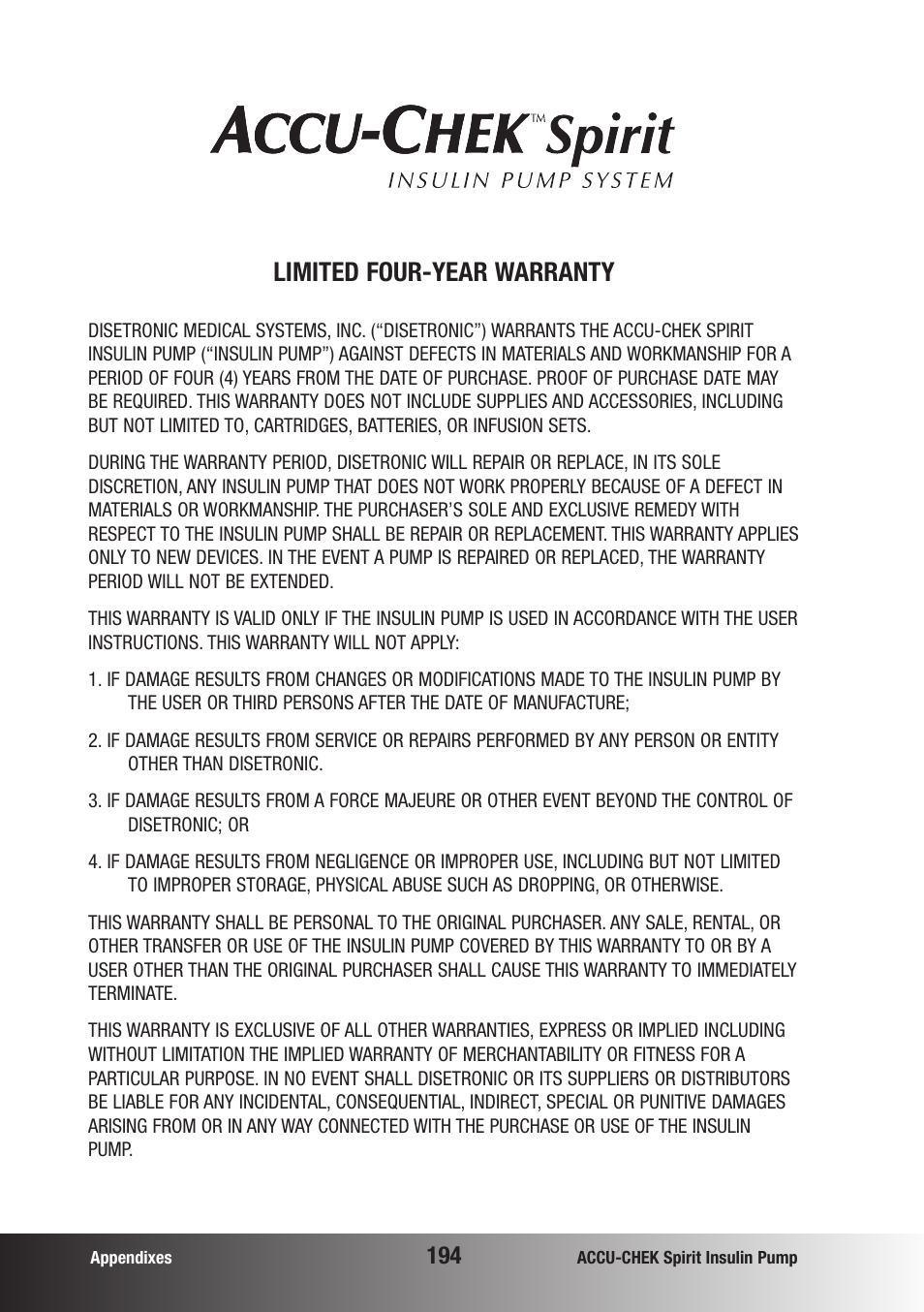 Limited four-year warranty | Accu-Chek insulin pump User Manual | Page 195 / 200