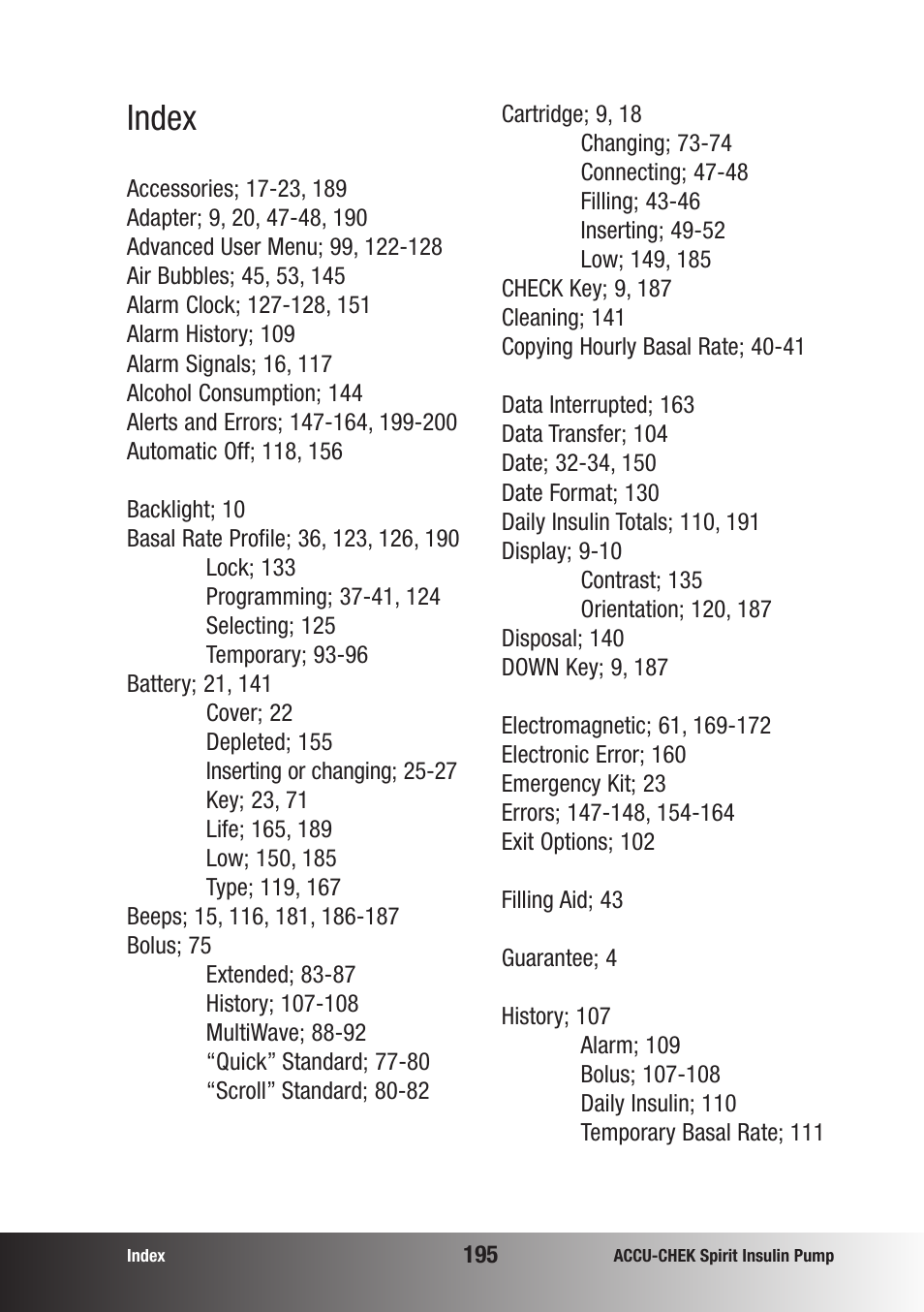 Index | Accu-Chek insulin pump User Manual | Page 196 / 200