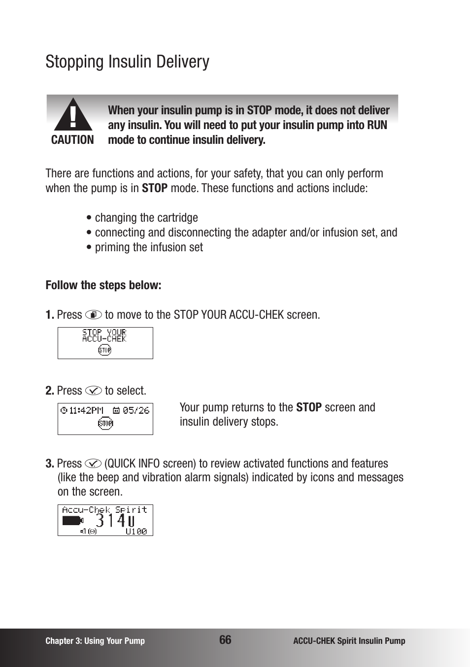 Stopping insulin delivery | Accu-Chek insulin pump User Manual | Page 67 / 200