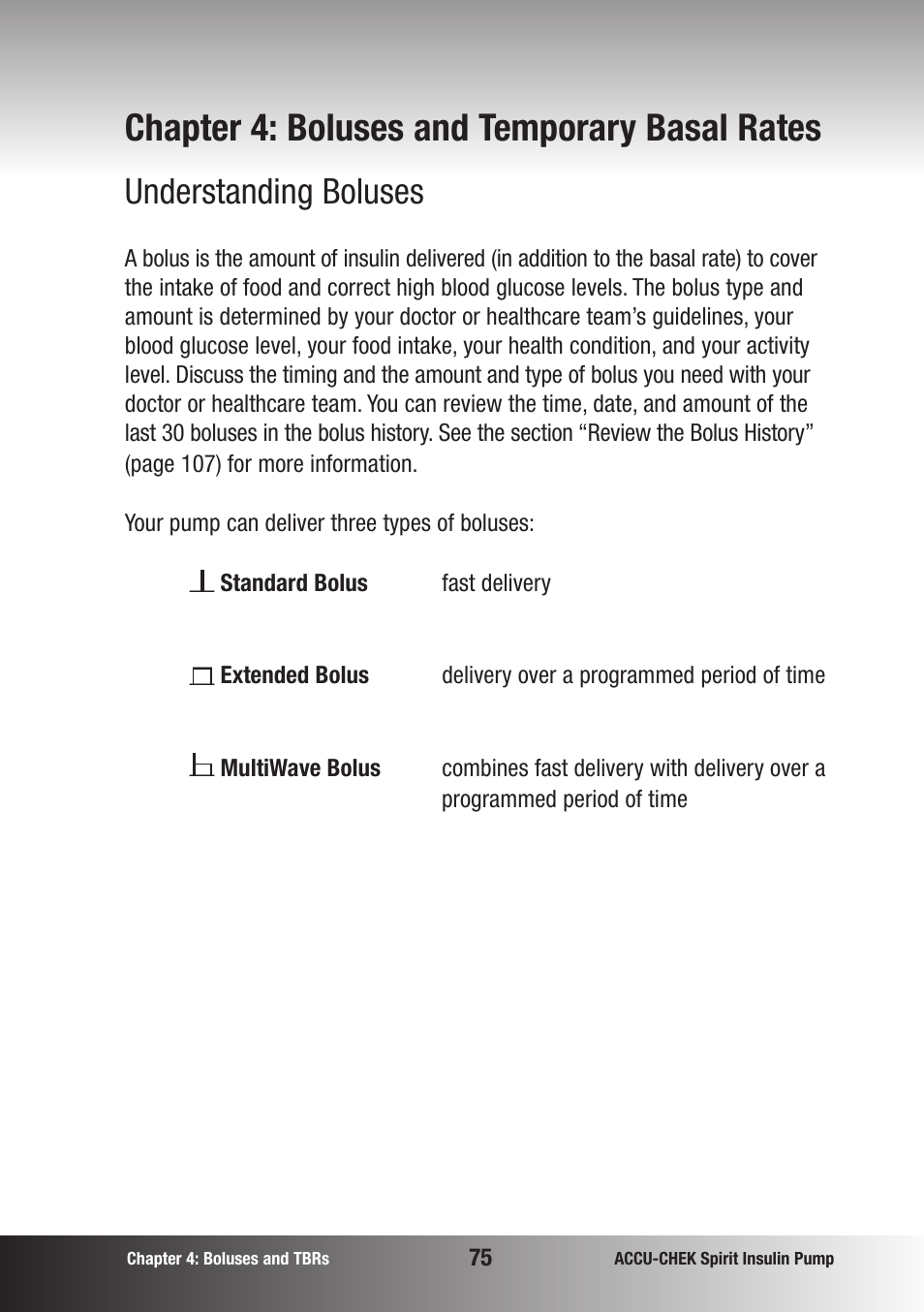 Chapter 4: boluses and temporary basal rates, Understanding boluses | Accu-Chek insulin pump User Manual | Page 76 / 200