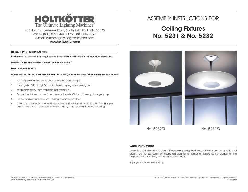 Holtkoetter 5231 User Manual | 2 pages