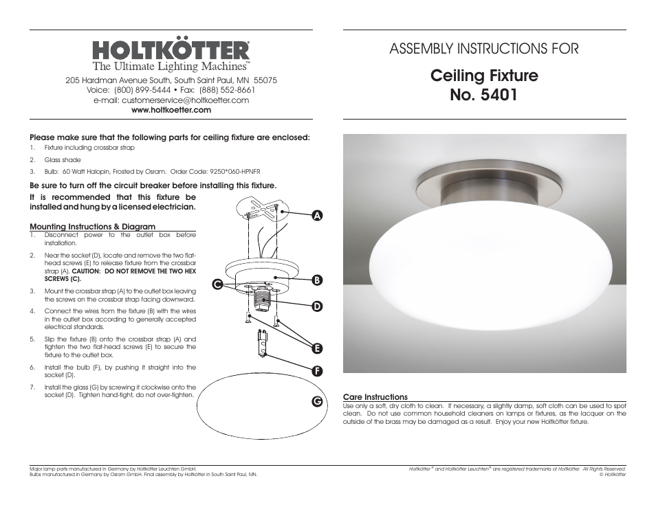 Holtkoetter 5401 User Manual | 1 page