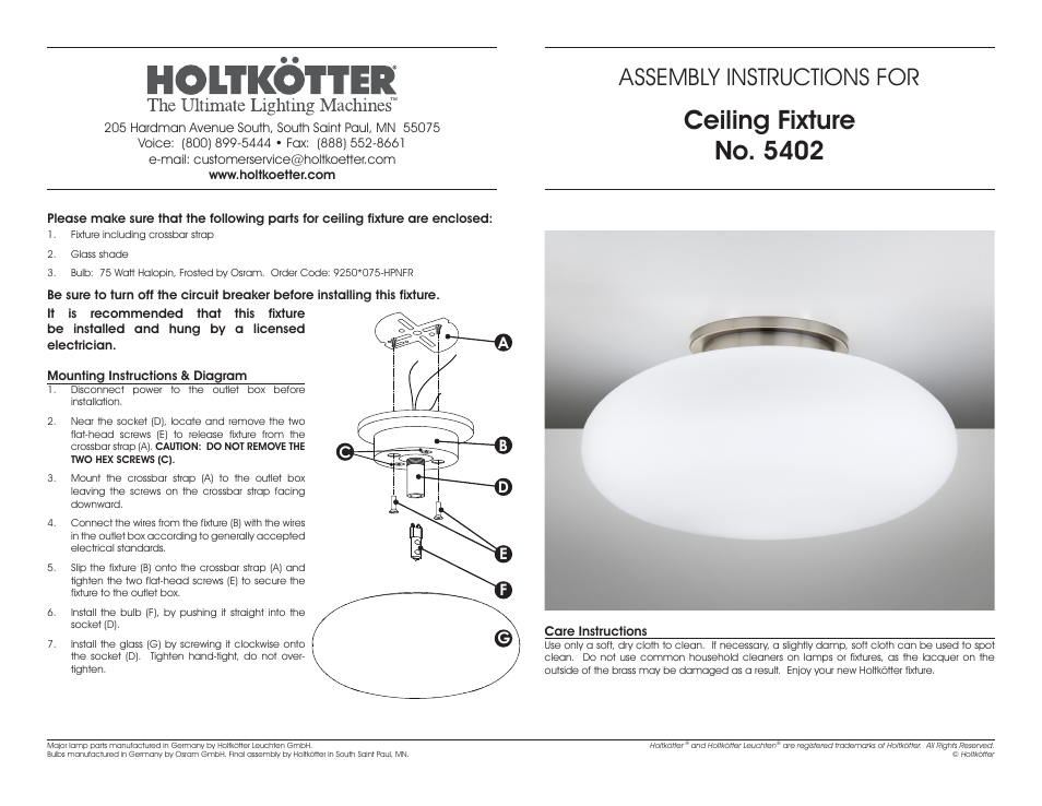 Holtkoetter 5402 User Manual | 1 page