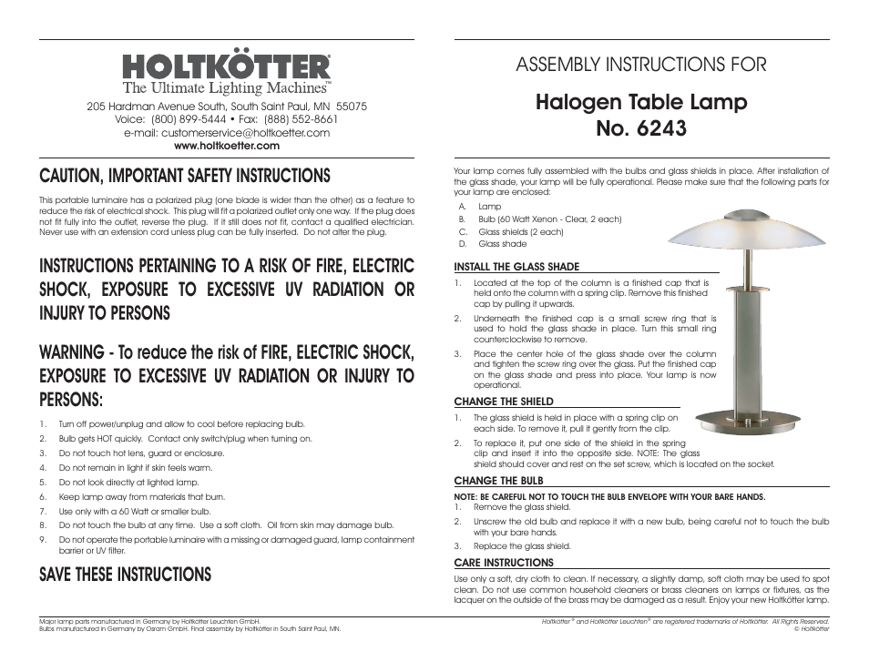 Holtkoetter 6243 User Manual | 1 page