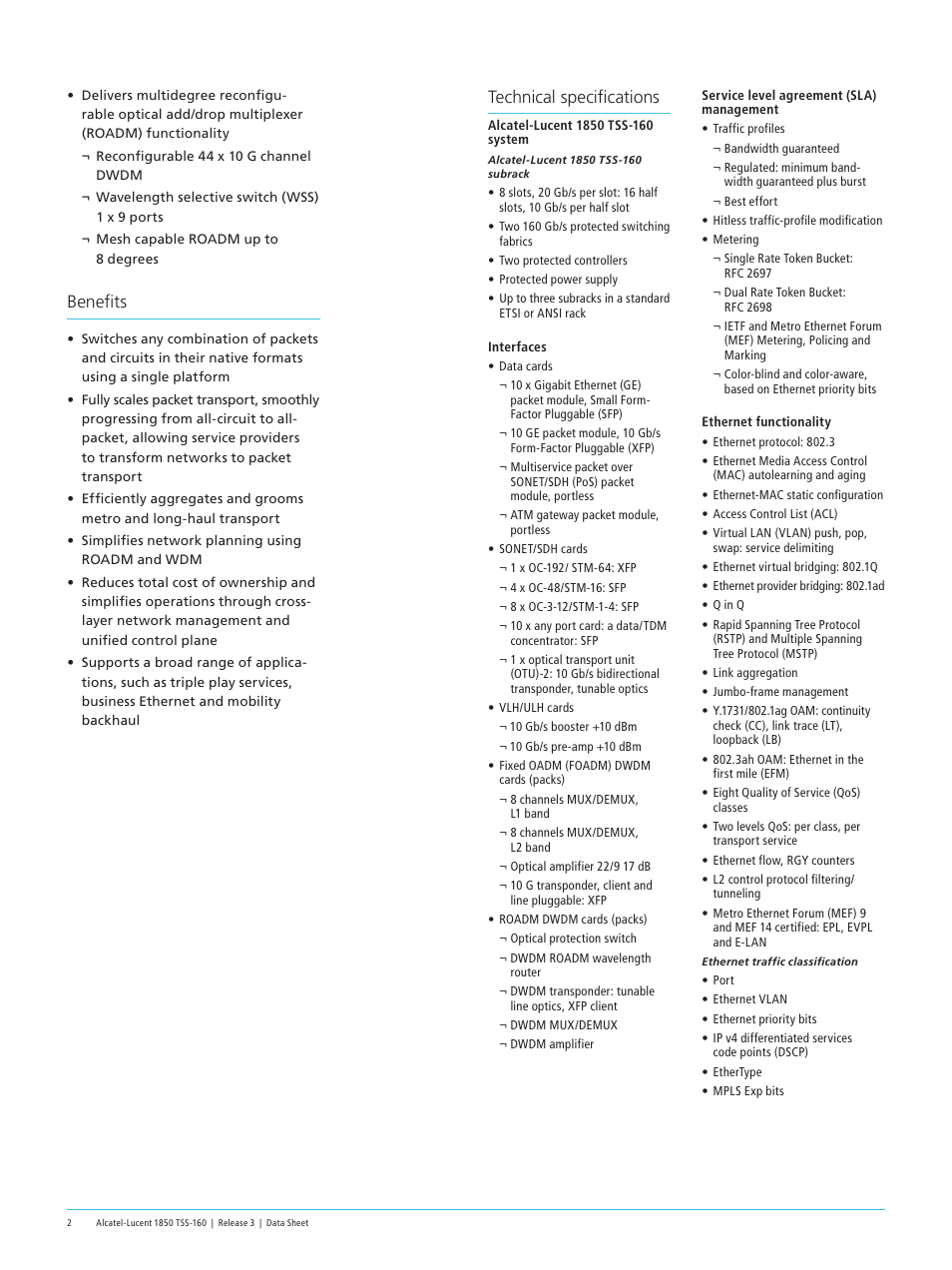 Technical specifications, Benefits | Alcatel-Lucent 1850 TSS-160 User Manual | Page 2 / 4