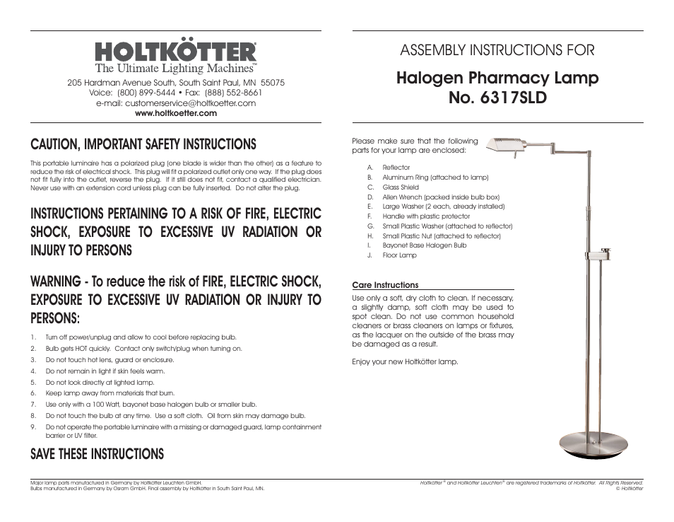 Holtkoetter 6317SLD User Manual | 2 pages