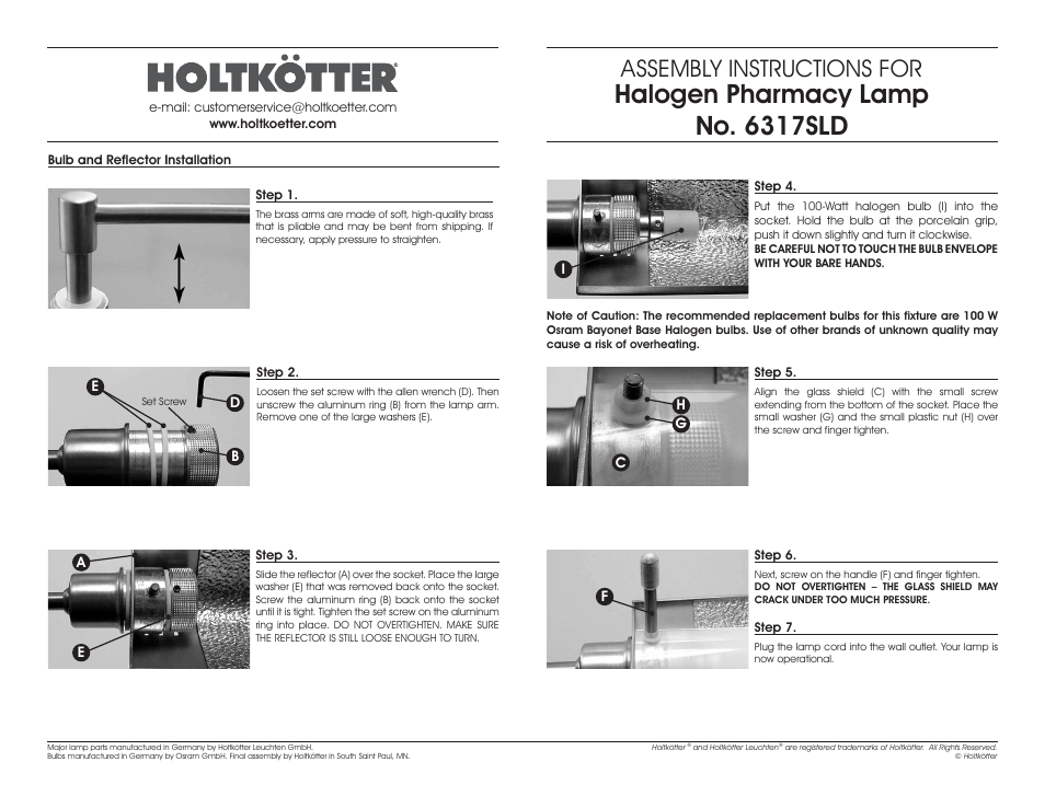 Halogen pharmacy lamp no. 6317sld, Assembly instructions for | Holtkoetter 6317SLD User Manual | Page 2 / 2