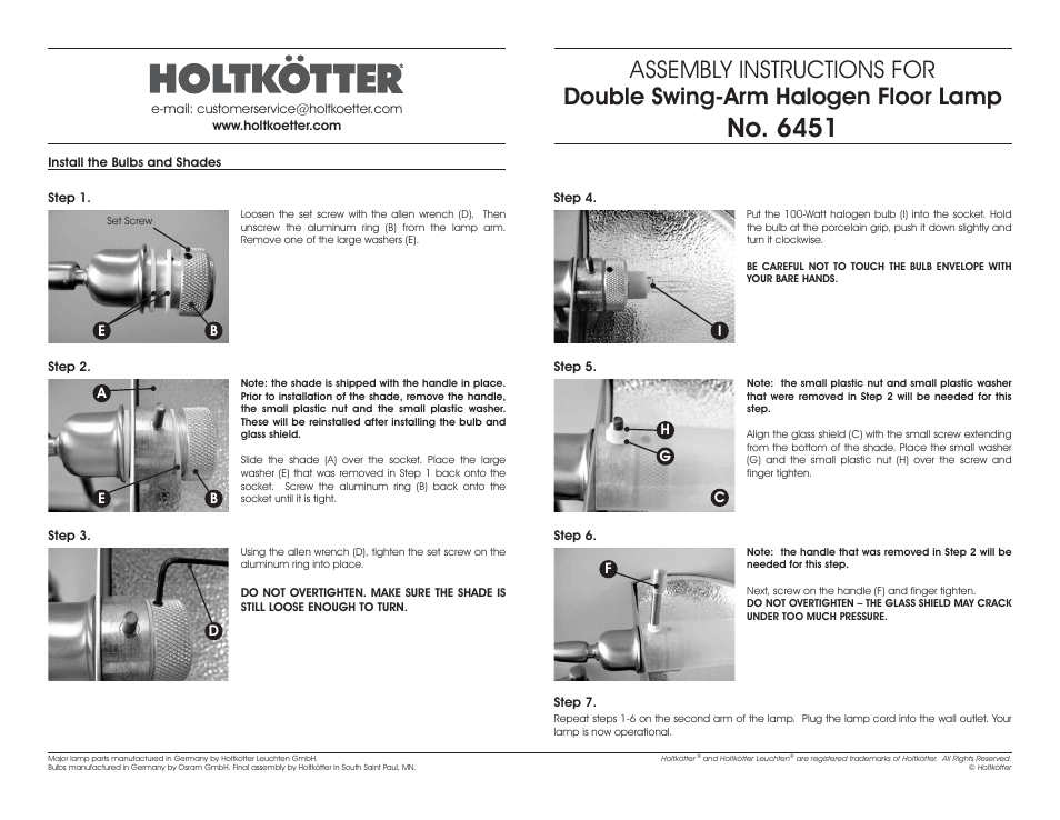 No. 6451, Assembly instructions for, Double swing-arm halogen floor lamp | Holtkoetter 6451 User Manual | Page 2 / 2