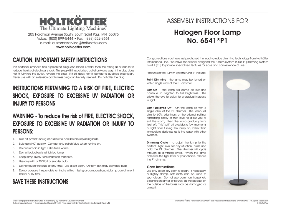 Holtkoetter 6541P1 User Manual | 2 pages