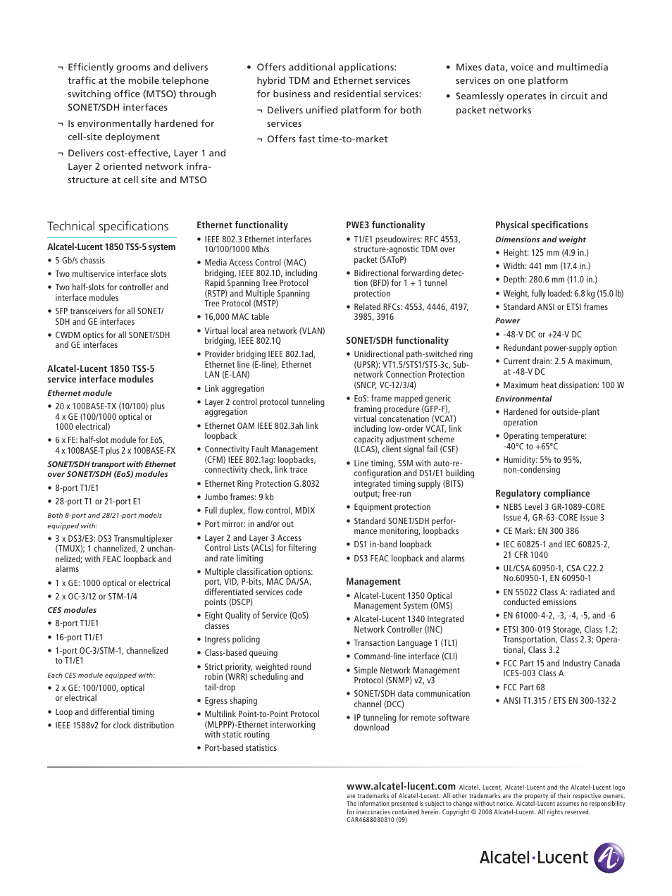 Technical specifications | Alcatel-Lucent 1850 TSS-5 User Manual | Page 2 / 2