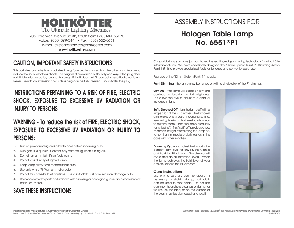 Holtkoetter 6551P1 User Manual | 2 pages