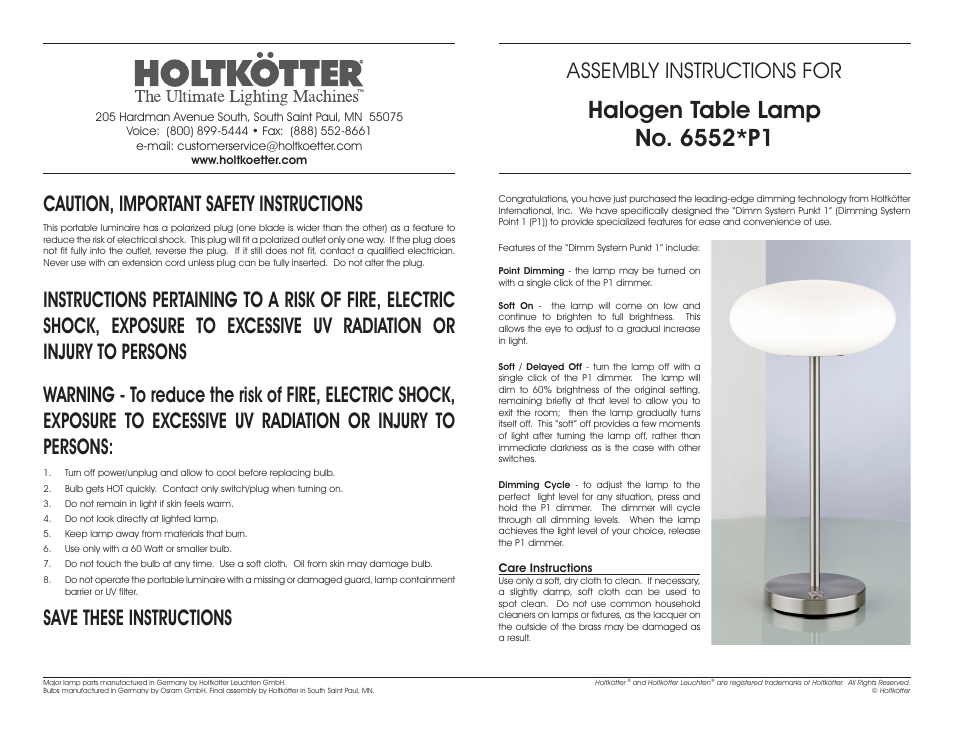Holtkoetter 6552P1 User Manual | 2 pages