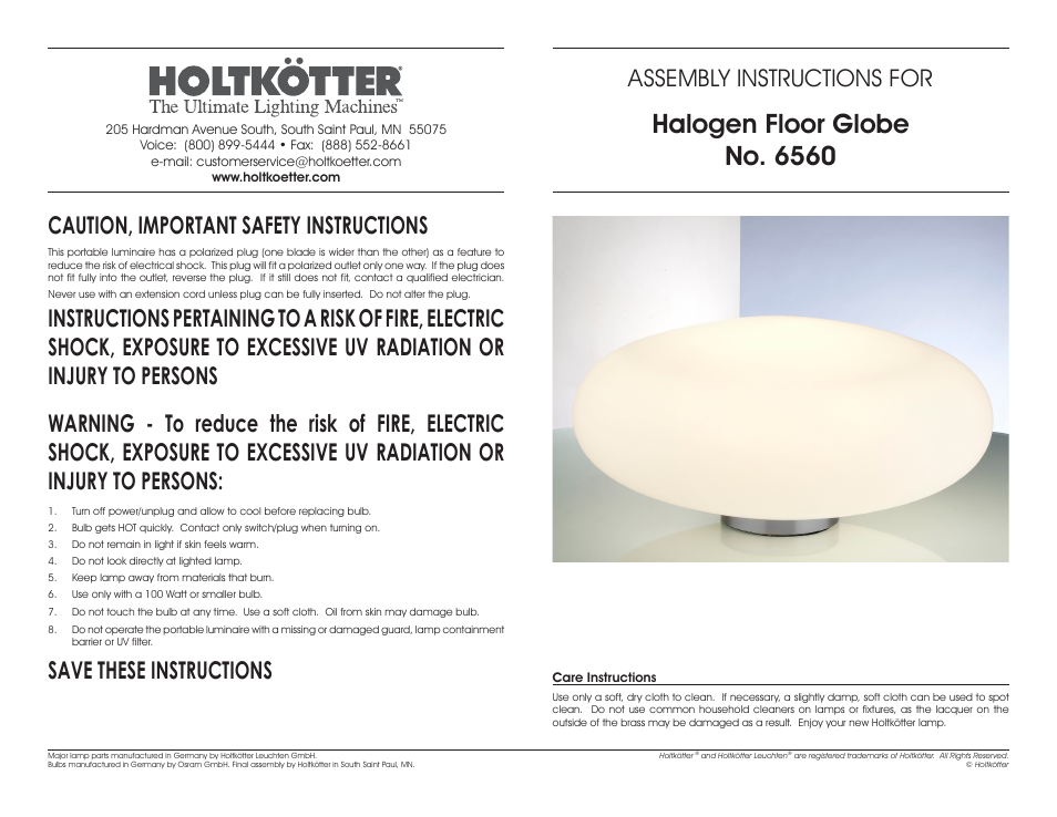 Holtkoetter 6560 User Manual | 2 pages