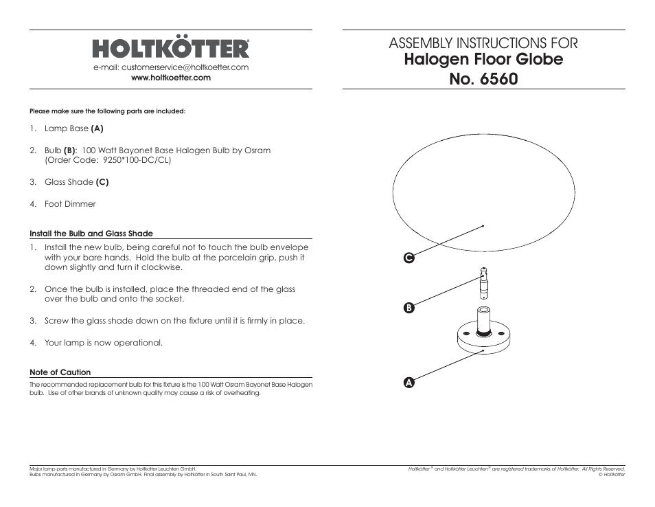 Halogen floor globe no. 6560, Assembly instructions for | Holtkoetter 6560 User Manual | Page 2 / 2