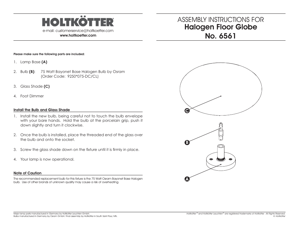 Halogen floor globe no. 6561, Assembly instructions for | Holtkoetter 6561 User Manual | Page 2 / 2