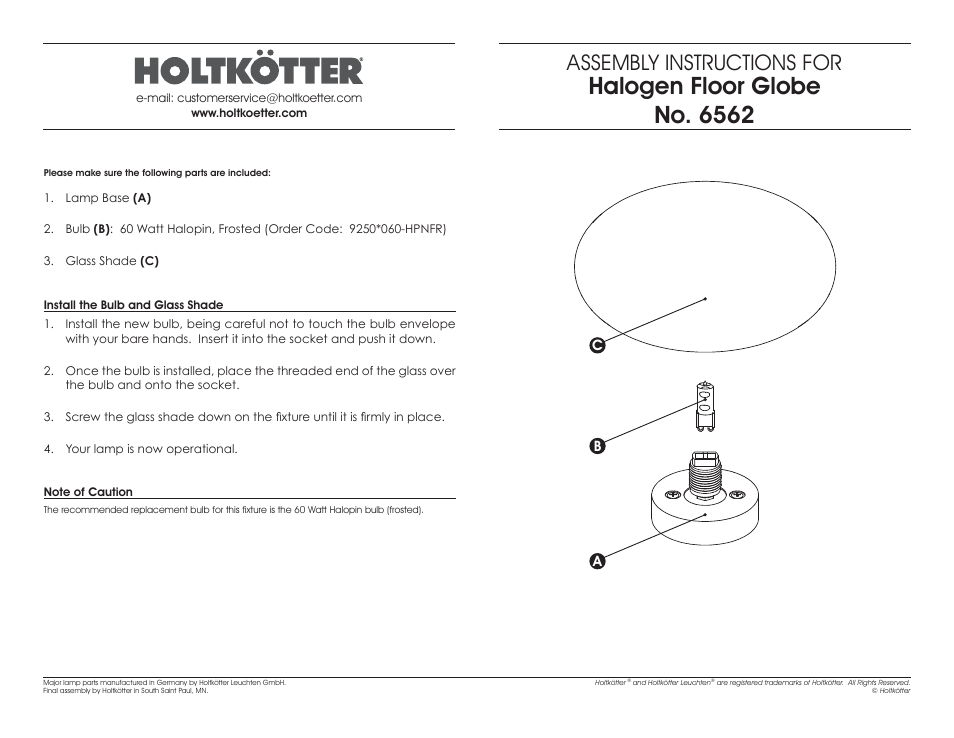 Halogen floor globe no. 6562, Assembly instructions for | Holtkoetter 6562 User Manual | Page 2 / 2