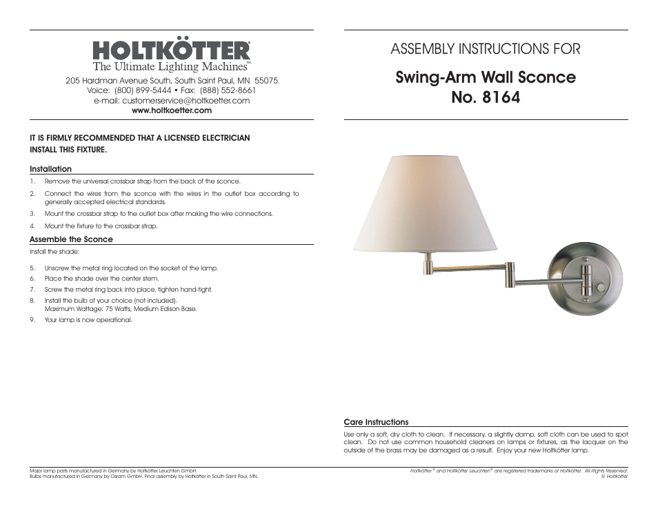 Holtkoetter 8164 User Manual | 1 page