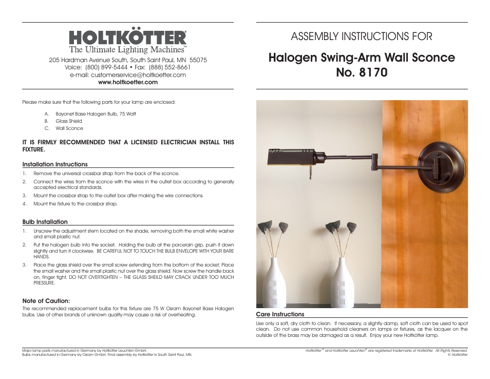 Holtkoetter 8170 User Manual | 1 page