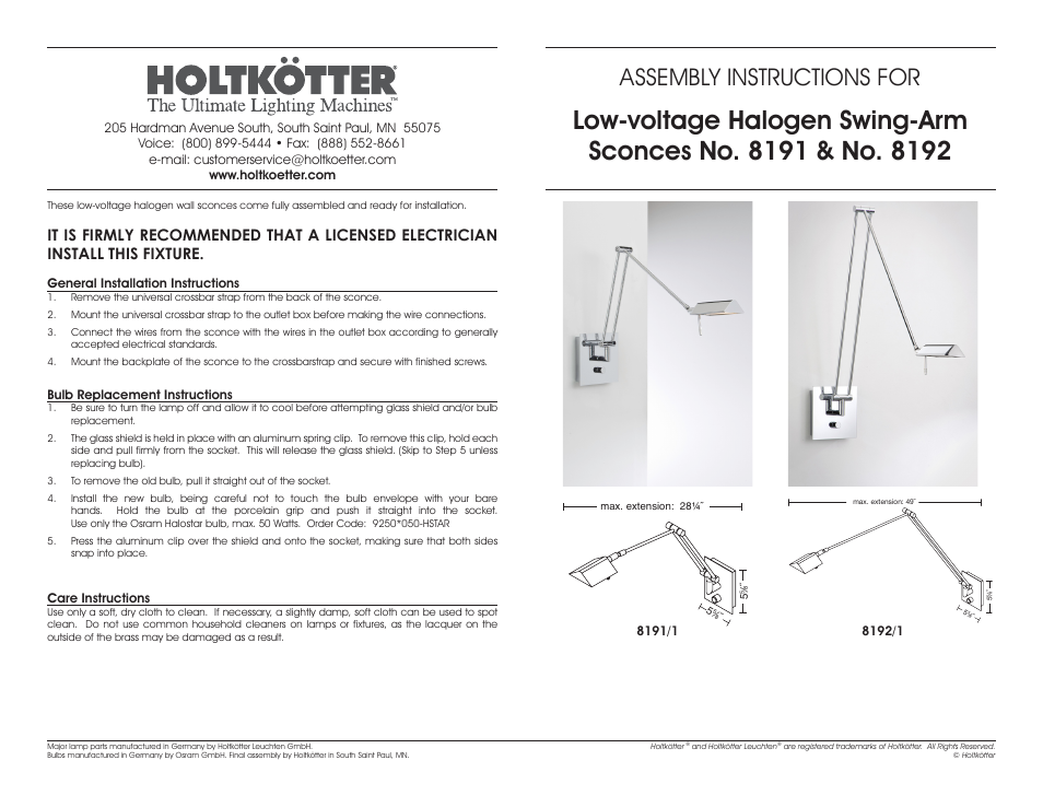 Holtkoetter 8191 User Manual | 1 page
