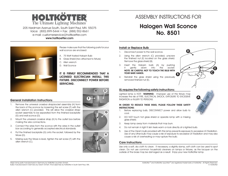 Holtkoetter 8501 User Manual | 1 page