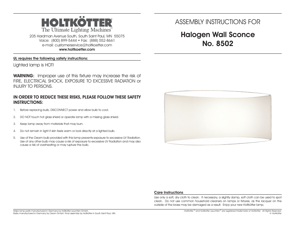 Holtkoetter 8502 User Manual | 2 pages