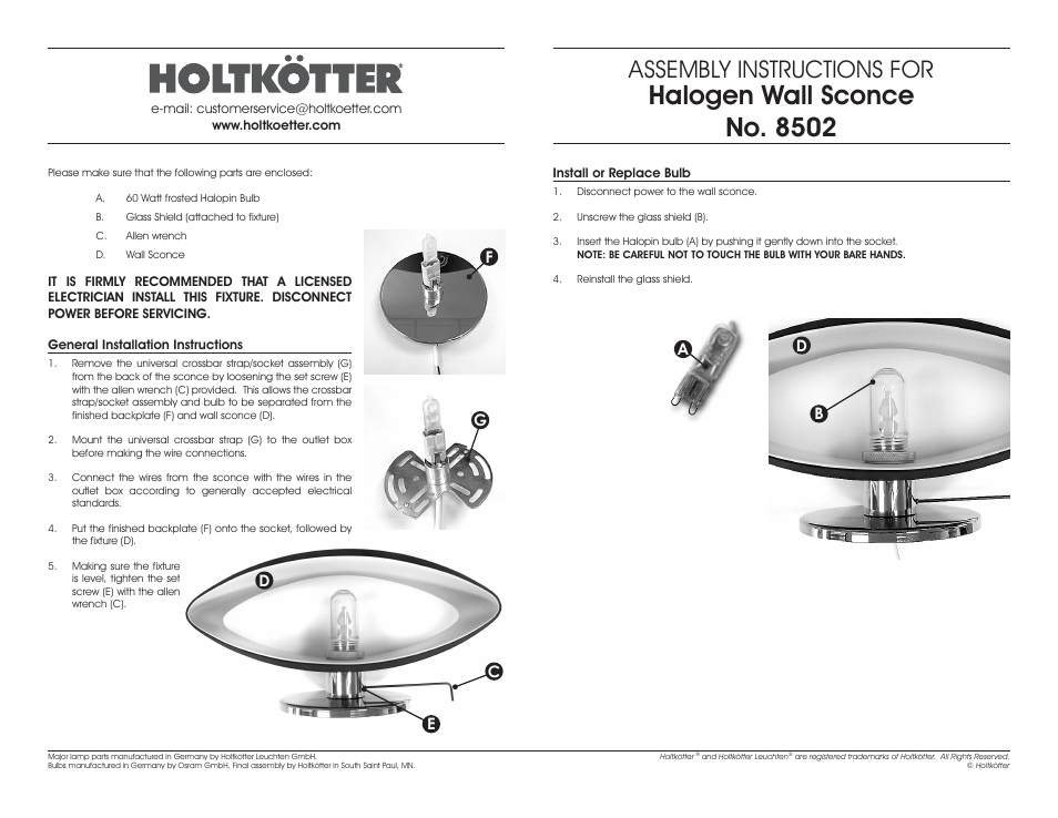 Halogen wall sconce no. 8502, Assembly instructions for | Holtkoetter 8502 User Manual | Page 2 / 2