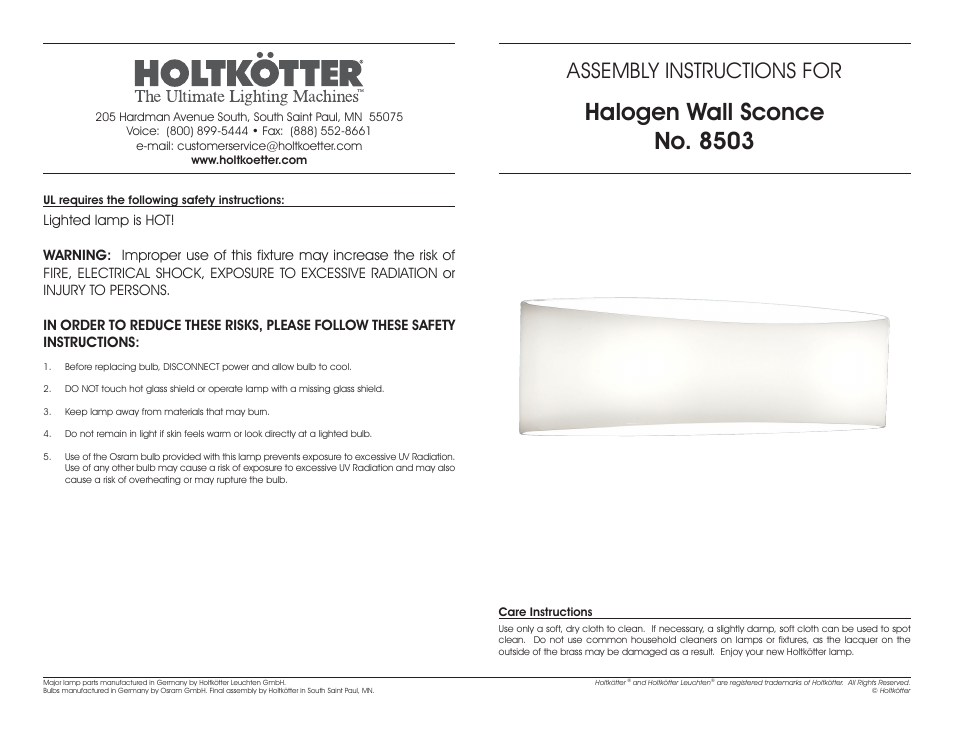 Holtkoetter 8503 User Manual | 2 pages