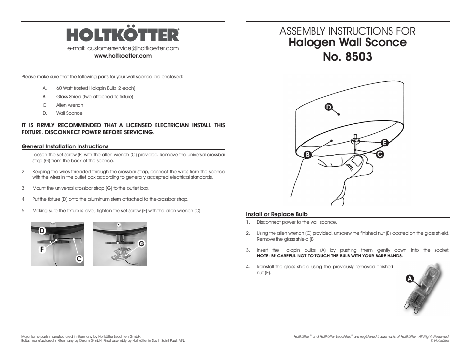 Halogen wall sconce no. 8503, Assembly instructions for | Holtkoetter 8503 User Manual | Page 2 / 2