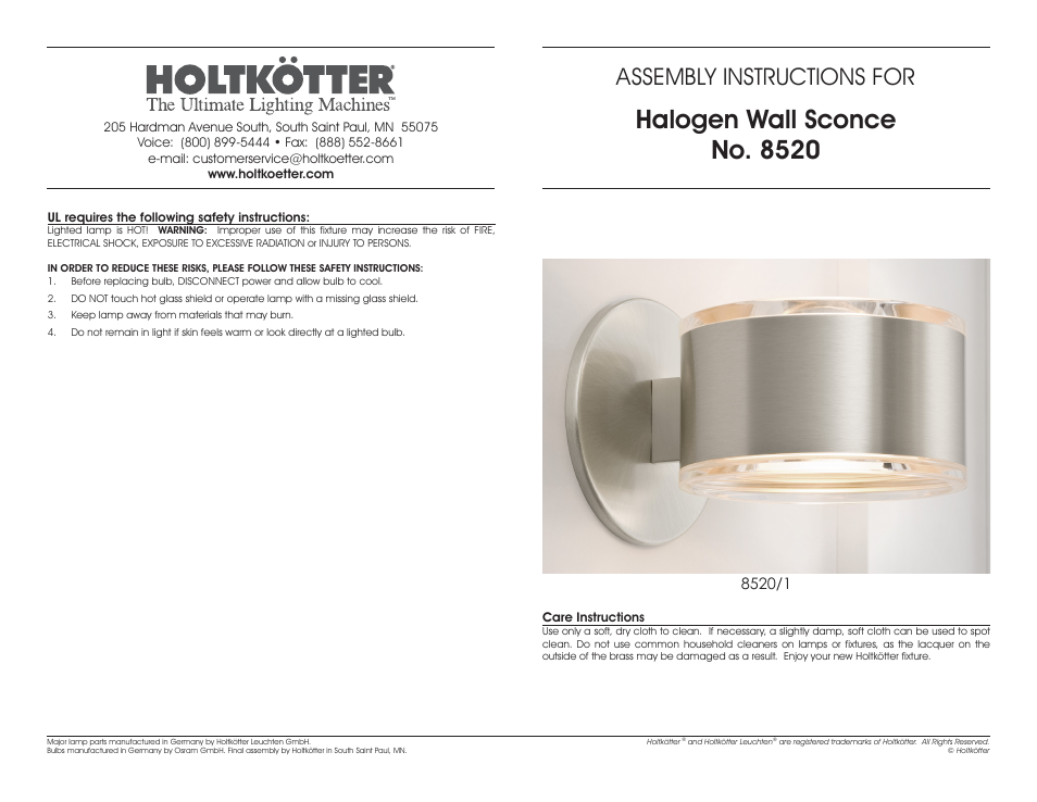 Holtkoetter 8520 User Manual | 2 pages