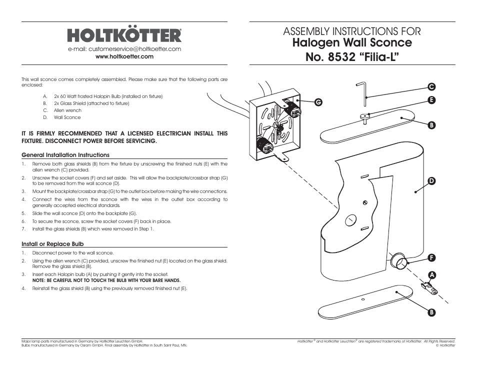 Halogen wall sconce no. 8532 “filia-l, Assembly instructions for | Holtkoetter 8532 User Manual | Page 2 / 2