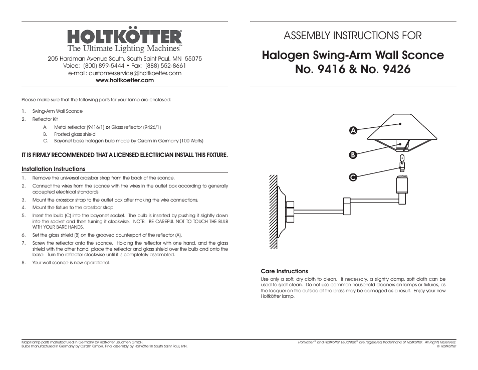 Holtkoetter 9416 User Manual | 1 page