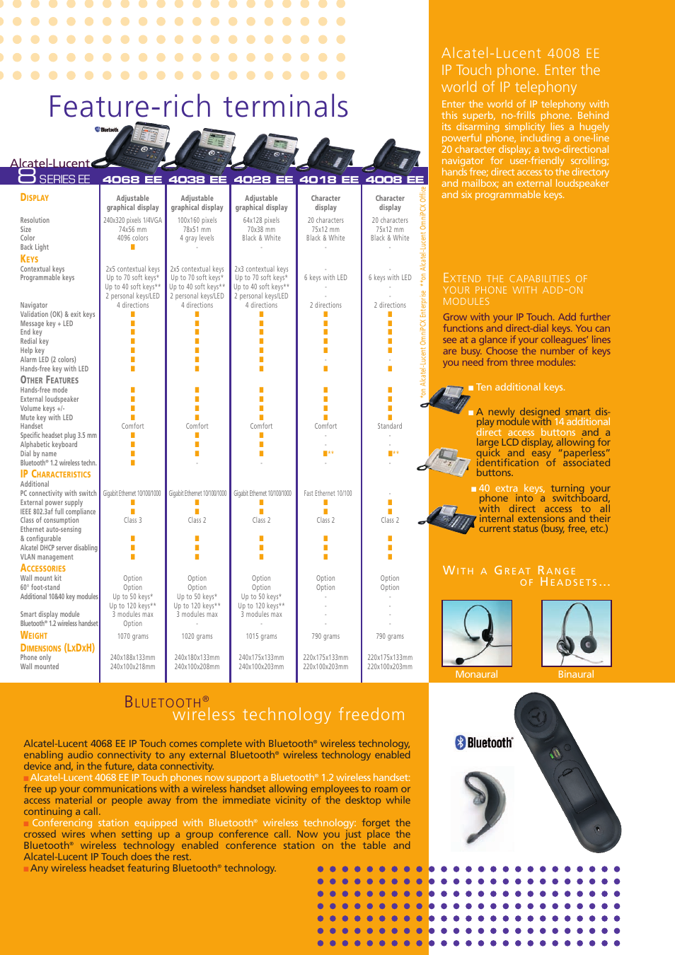 Feature-rich terminals, Wireless technology freedom, Ip touch phone. enter the world of ip telephony | 4008 ee, Luetooth, Alcatel-lucent, Series ee, Ip c | Alcatel-Lucent 8 Series User Manual | Page 5 / 6