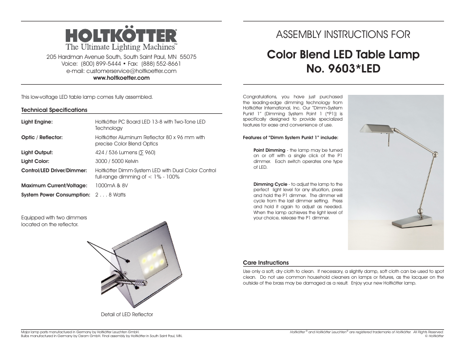 Holtkoetter 9603LED User Manual | 1 page