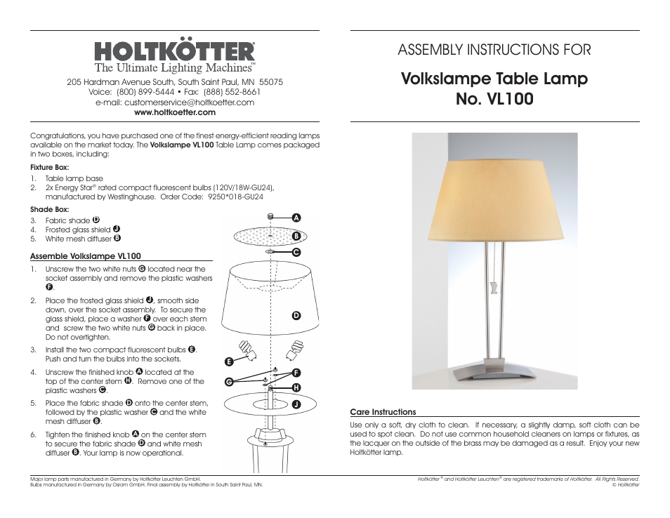 Holtkoetter VL100ES User Manual | 1 page