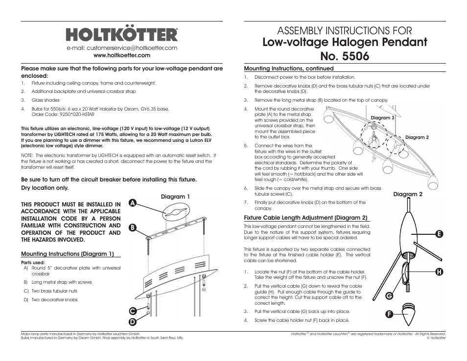 Low-voltage halogen pendant no. 5506, Assembly instructions for, Ab c d | Eg f h | Holtkoetter 5506 User Manual | Page 2 / 2