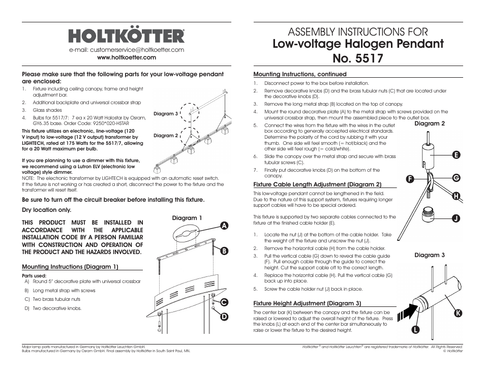 Low-voltage halogen pendant no. 5517, Assembly instructions for | Holtkoetter 5517 User Manual | Page 2 / 2