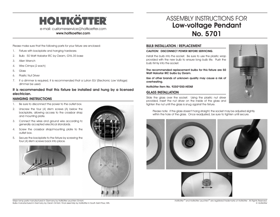 Low-voltage pendant no. 5701, Assembly instructions for | Holtkoetter 5701 User Manual | Page 2 / 2