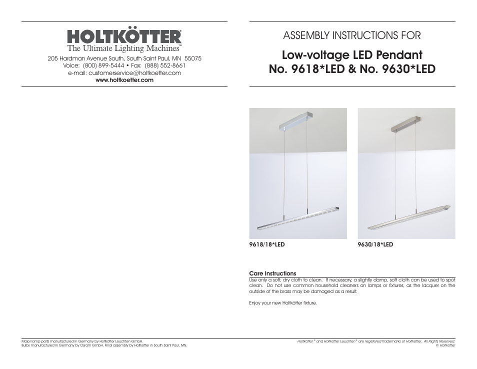 Holtkoetter 9618LED User Manual | 2 pages