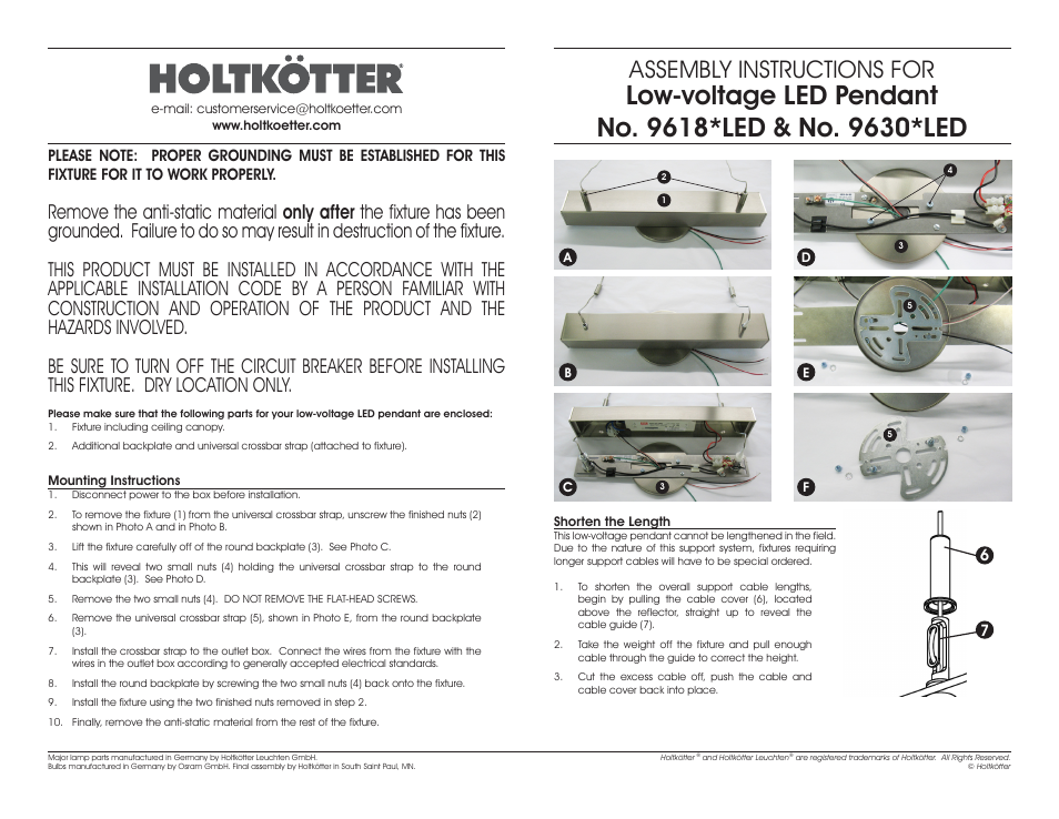 Assembly instructions for | Holtkoetter 9618LED User Manual | Page 2 / 2