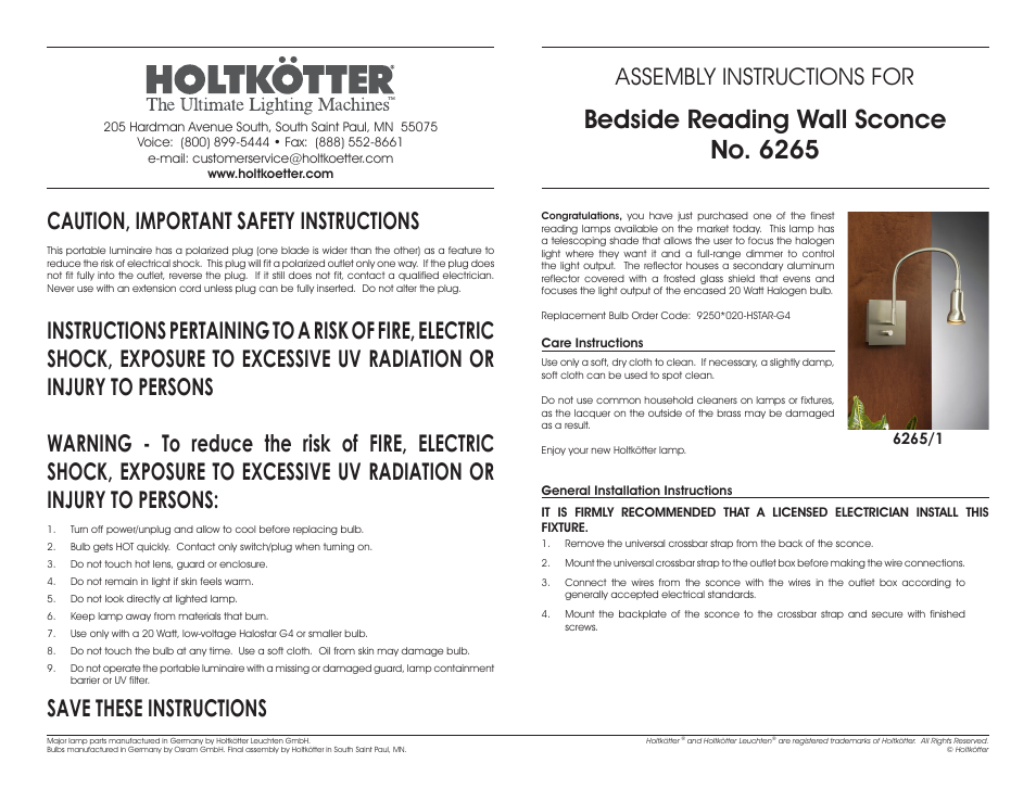 Holtkoetter 6265 User Manual | 2 pages