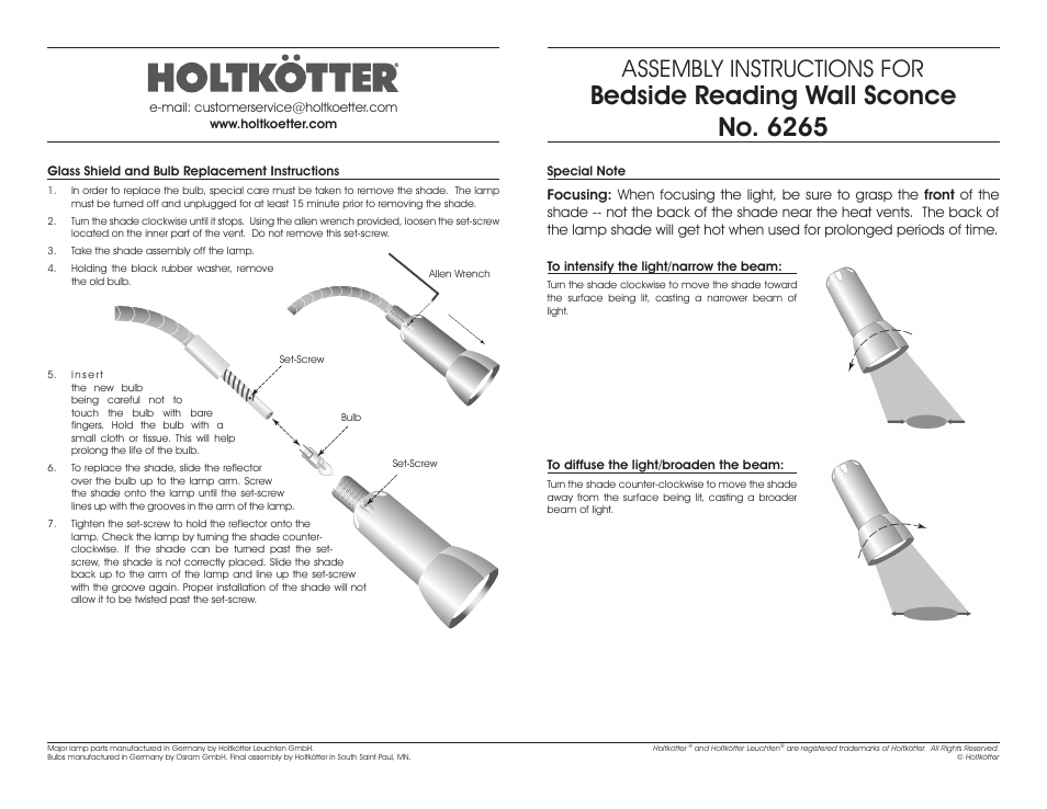 Bedside reading wall sconce no. 6265, Assembly instructions for | Holtkoetter 6265 User Manual | Page 2 / 2