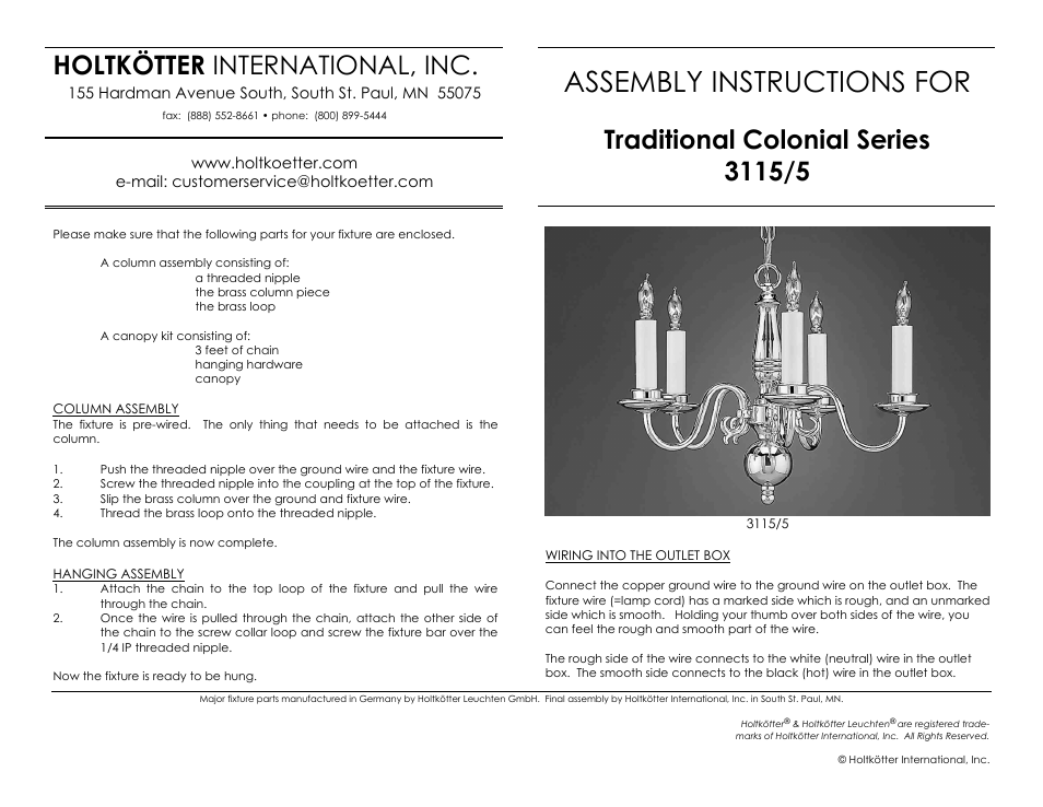 Holtkoetter 3115 User Manual | 1 page