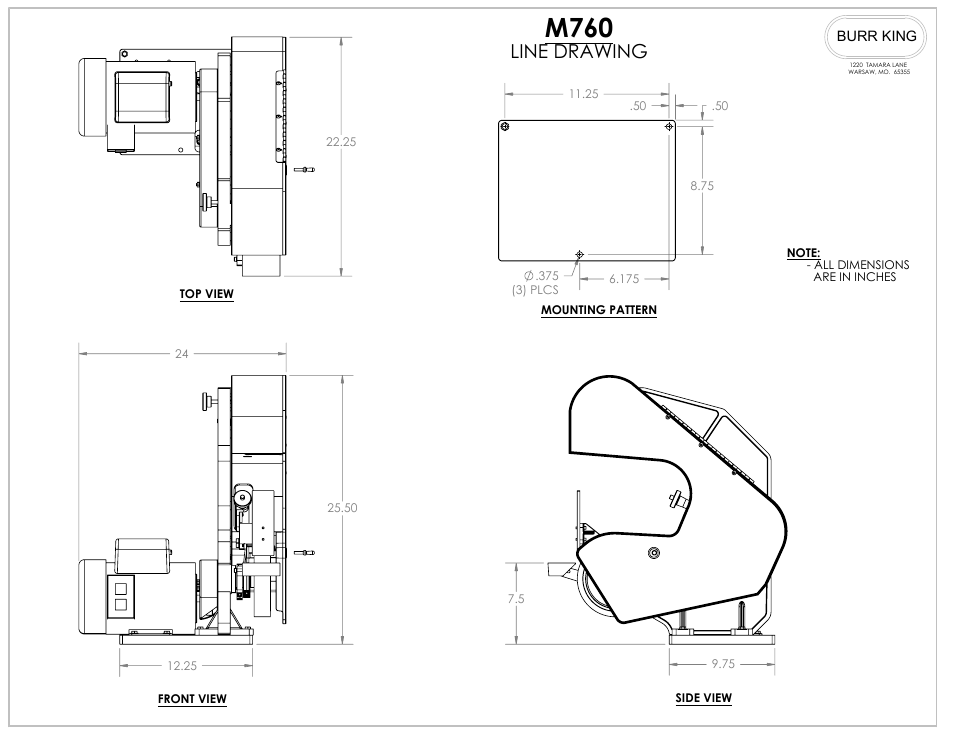 Sheet1, Drawing view1, Drawing view2 | Drawing view3, Drawing view5, M760, Line drawing | Burr King Model 760 User Manual | Page 17 / 17