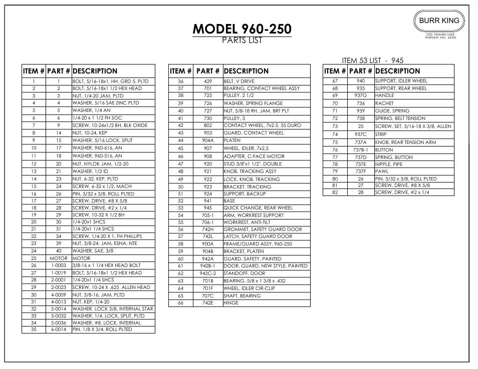 Parts list, Item # part # description, Burr king | Burr King Model 960-250 User Manual | Page 13 / 18