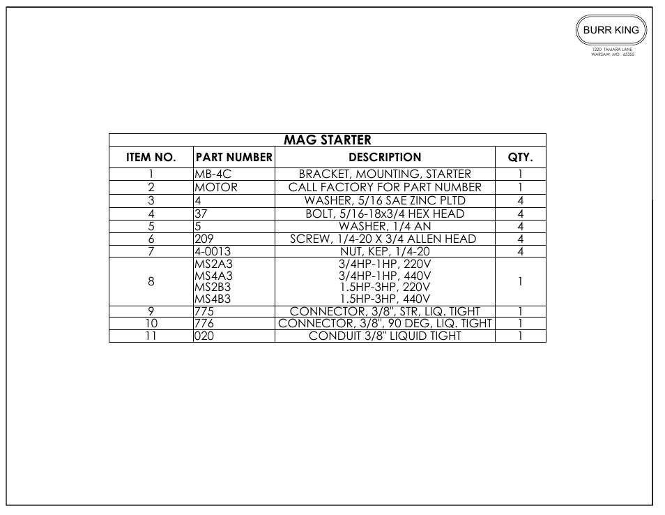 Mag starter | Burr King Model 960-250 User Manual | Page 15 / 18