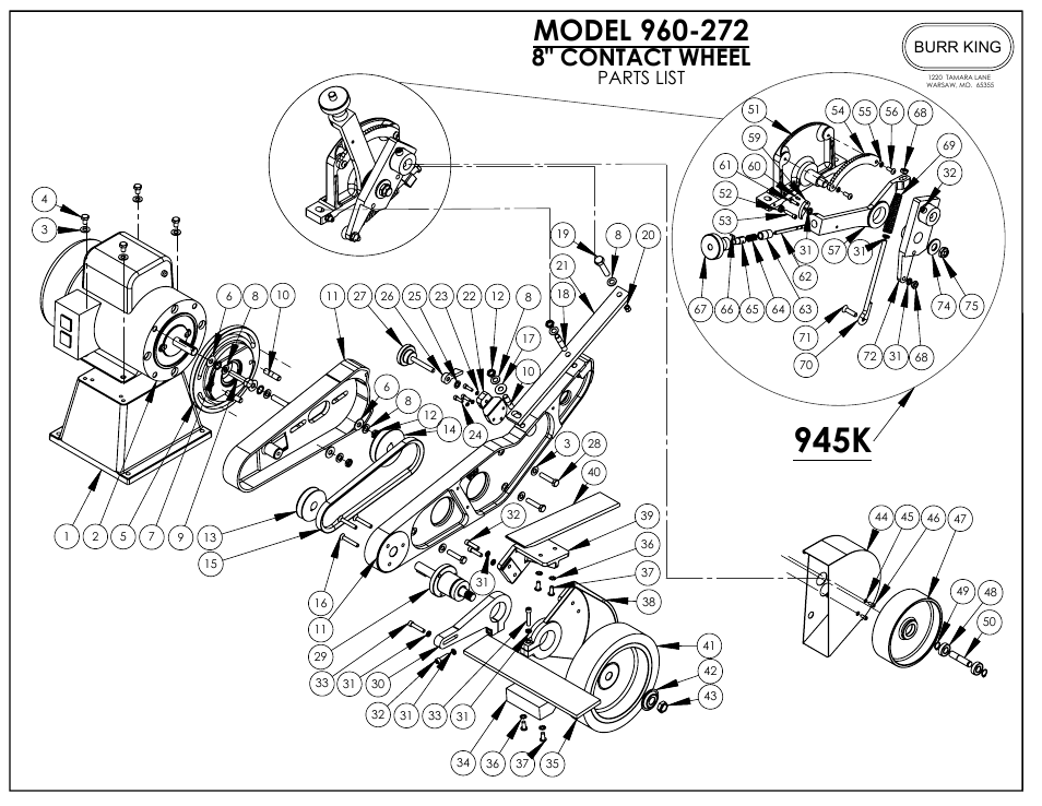 945k, 8" contact wheel, Parts list | Burr King Model 960-272 User Manual | Page 13 / 23