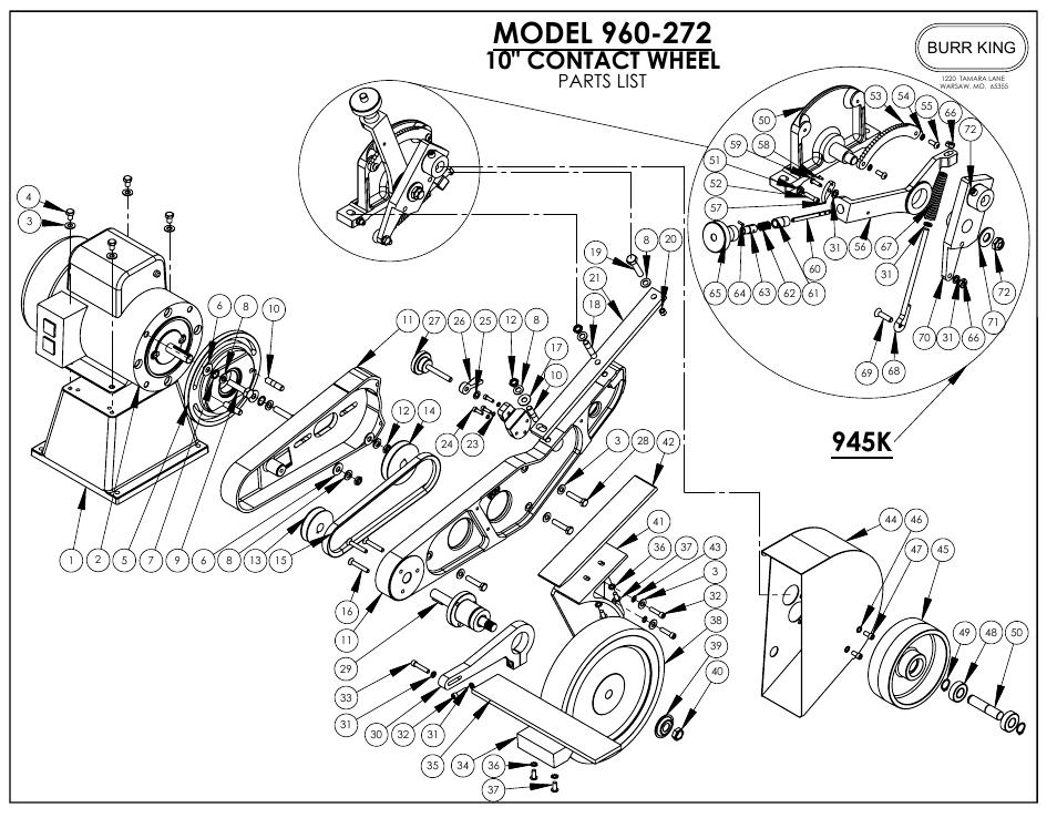 945k, 10" contact wheel, Parts list | Burr king | Burr King Model 960-272 User Manual | Page 15 / 23