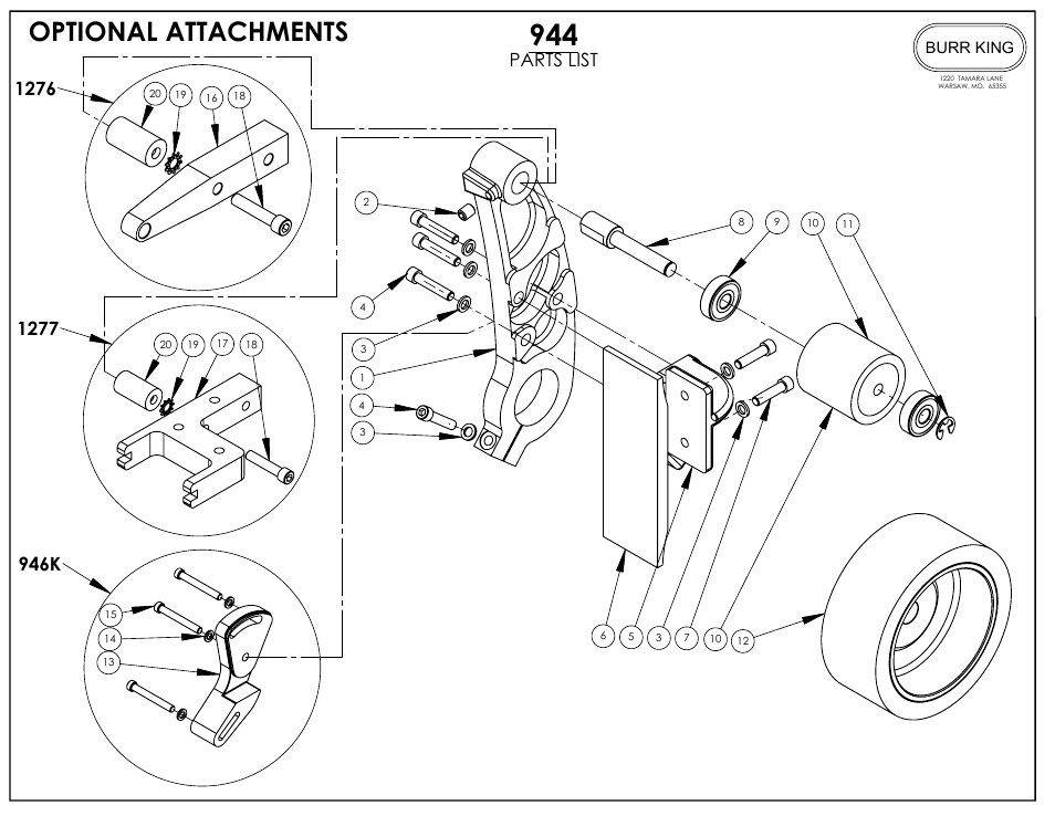 Optional attachments, 946k, Parts list | Burr king | Burr King Model 960-272 User Manual | Page 17 / 23