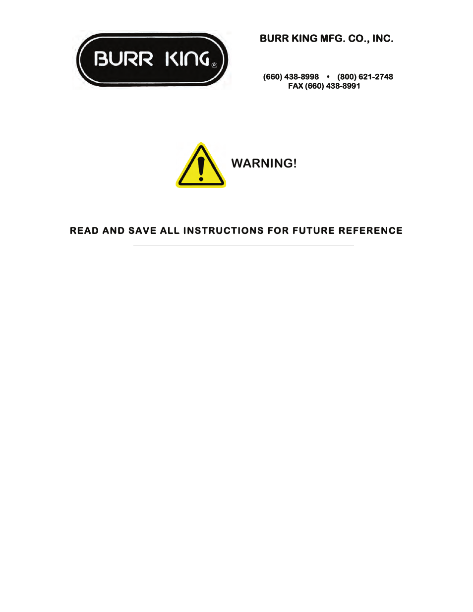 Warning | Burr King Model 960-272 User Manual | Page 4 / 23