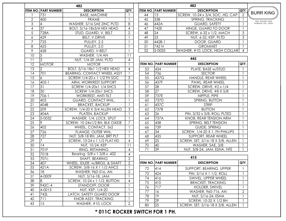 011c rocker switch for 1 ph | Burr King Model 482 User Manual | Page 13 / 18